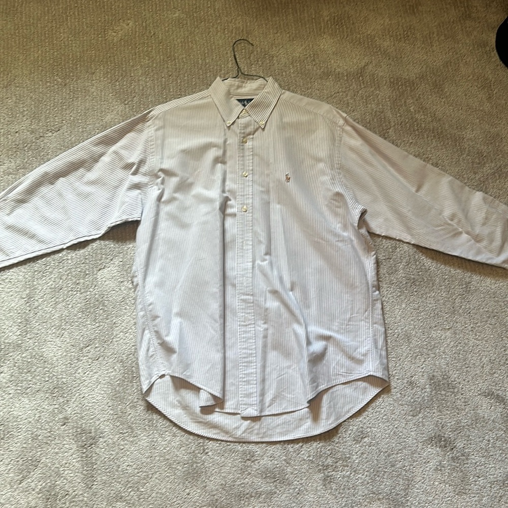 White and light grey ralph lauren button down tee shirt